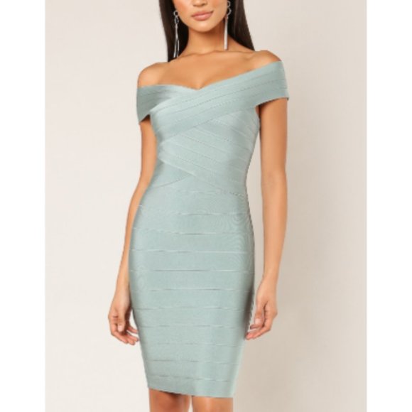 Off Shoulder Criss Cross Mint Bandage Dress - Picture 1 of 1